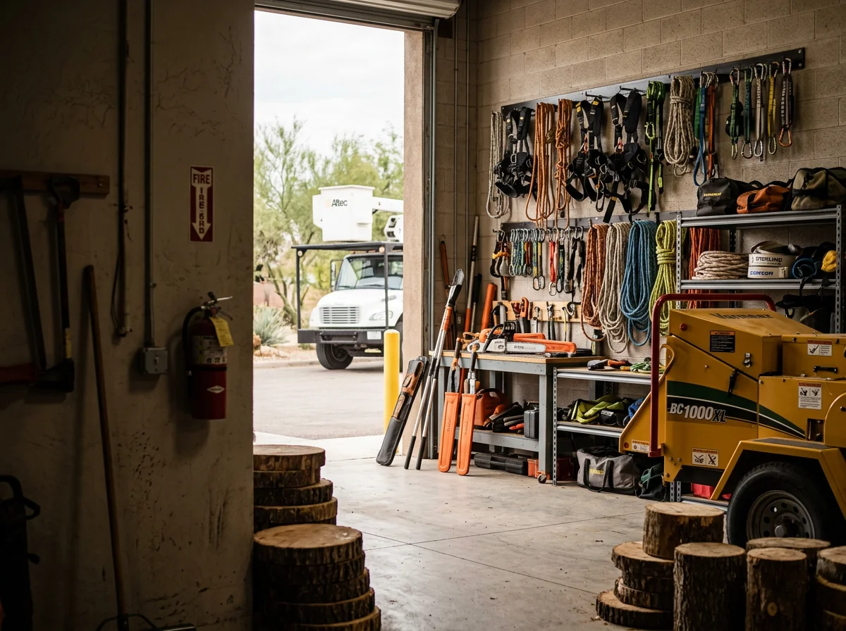 Professional arborist crew with tree care equipment and tools ready for service work.