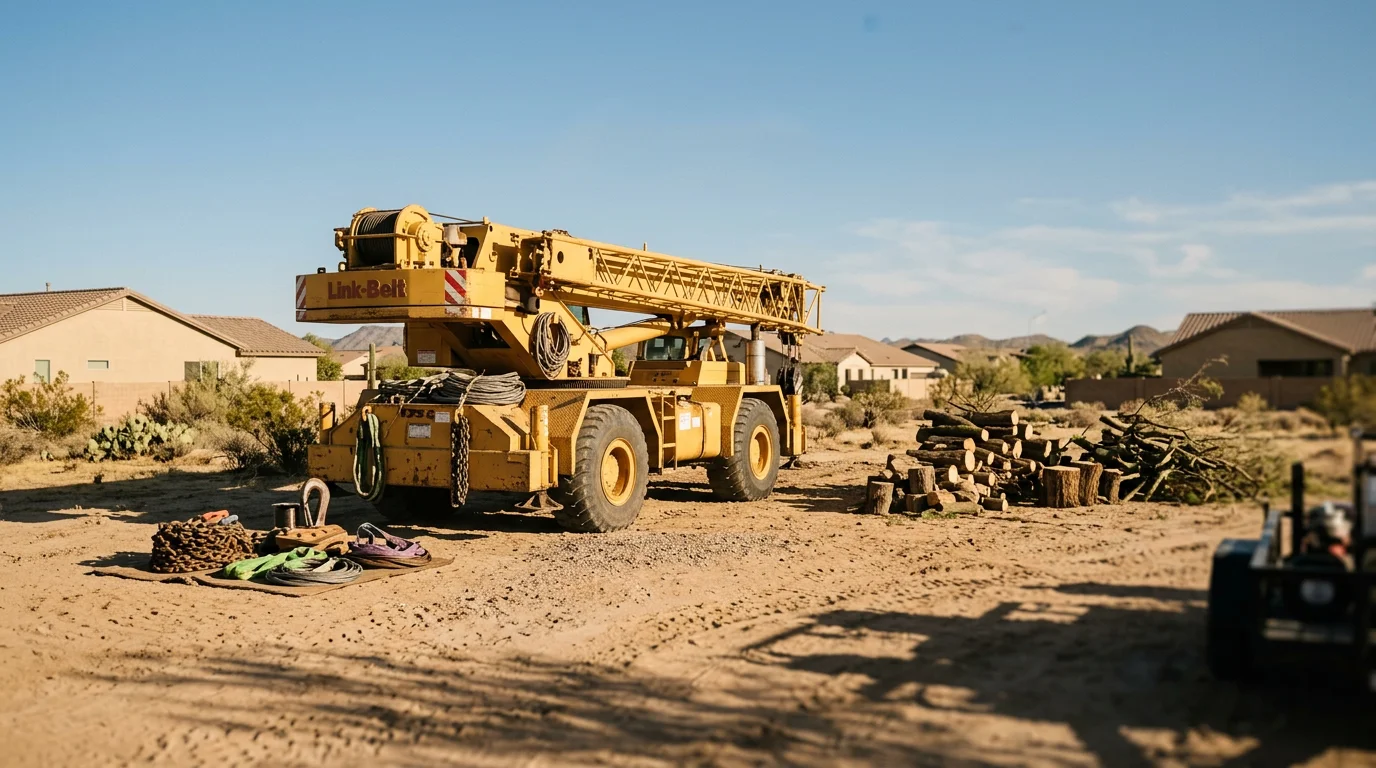Crane lifting a large tree section during professional removal work