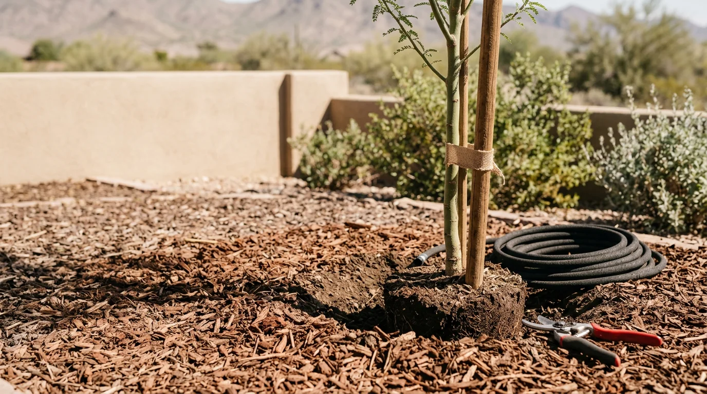 Newly planted trees in a residential landscape with mulch and ground cover