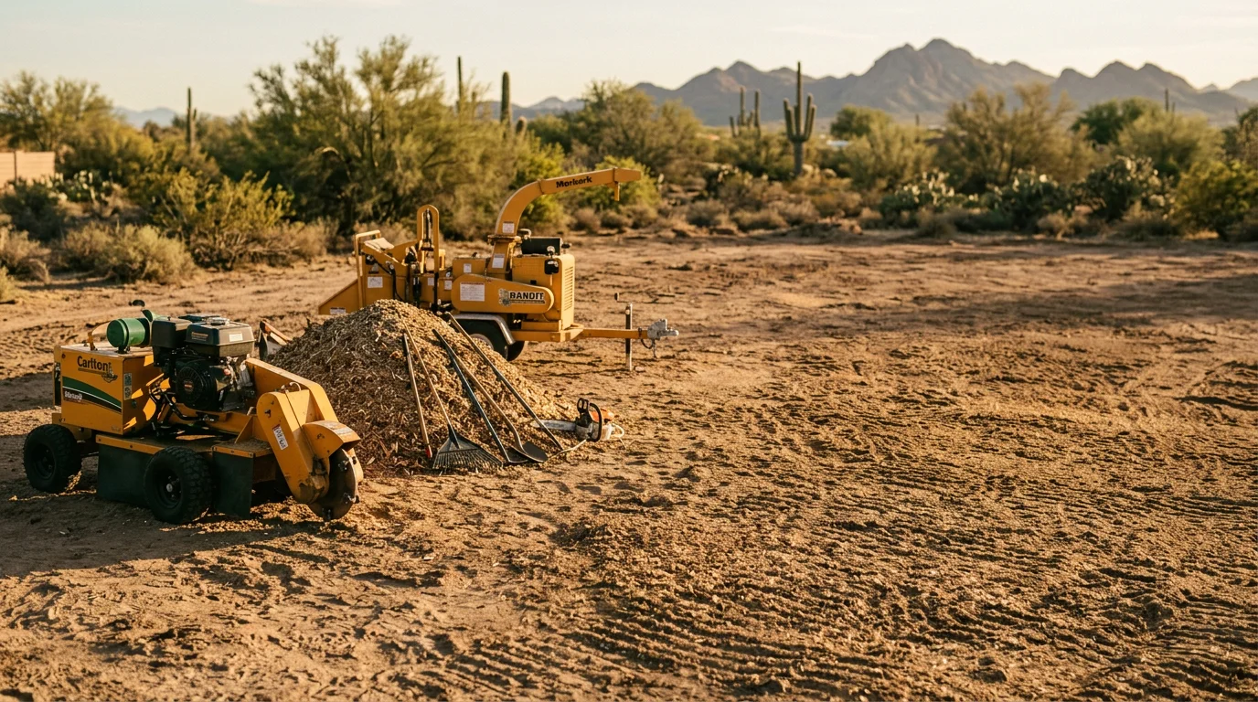 Heavy equipment removing a large tree from a residential property in the East Valley