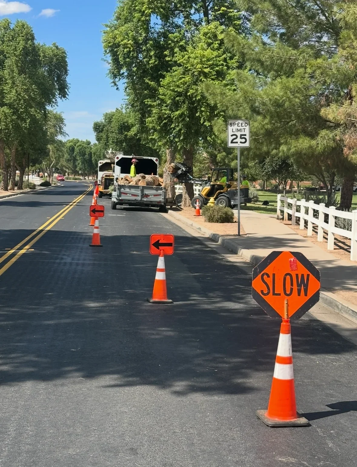 Tree removal with skid steer loader, debris truck, and traffic control cones on residential street