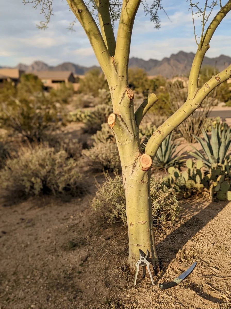 Close-up of a tree worker performing structural pruning on a newly planted palo verde in a Buckeye, AZ residential yard with desert landscaping.