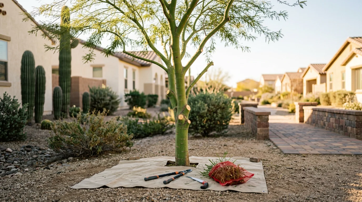 A certified arborist pruning a young desert shade tree in a Buckeye, AZ master-planned community, with new stucco homes visible in the background.