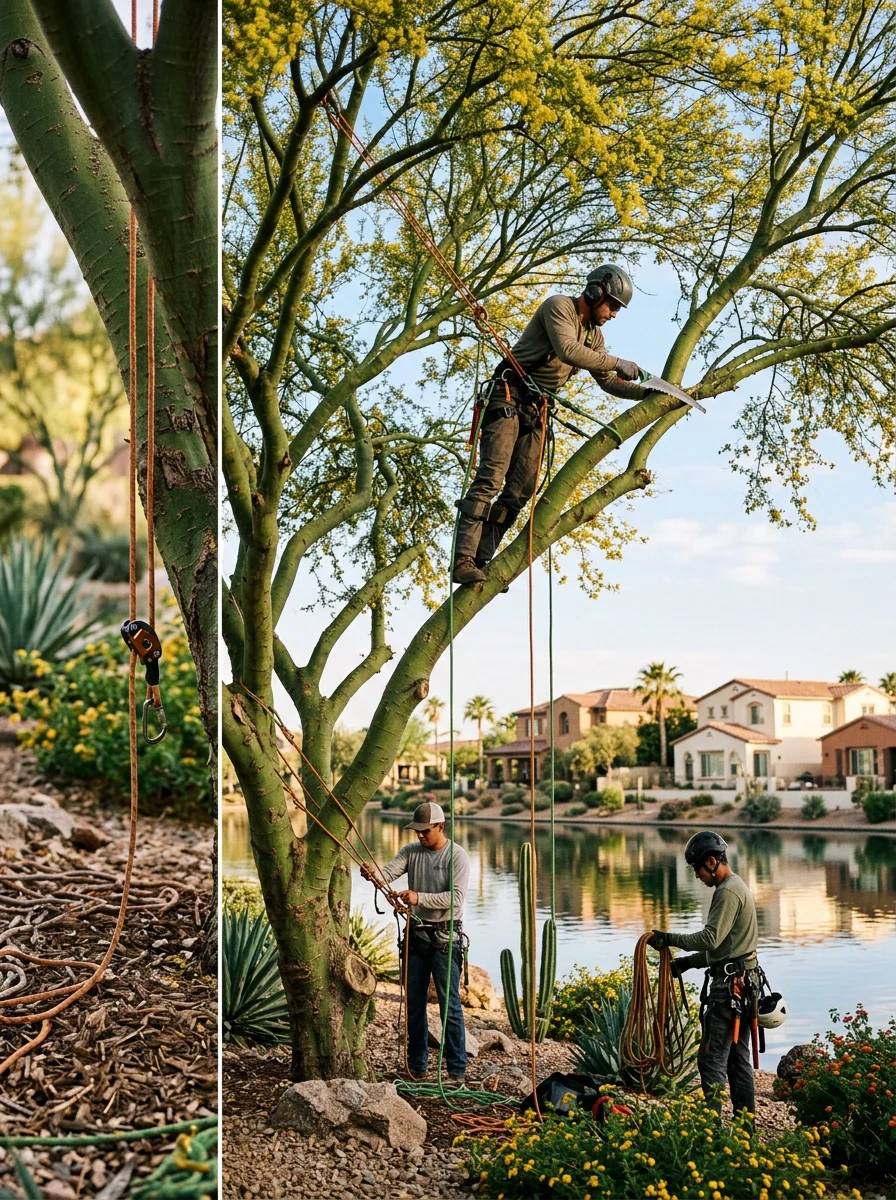 A tree crew performing pre-monsoon canopy thinning on a palo verde tree in a Chandler, AZ lakeside community, with a lake and stucco homes in the background.