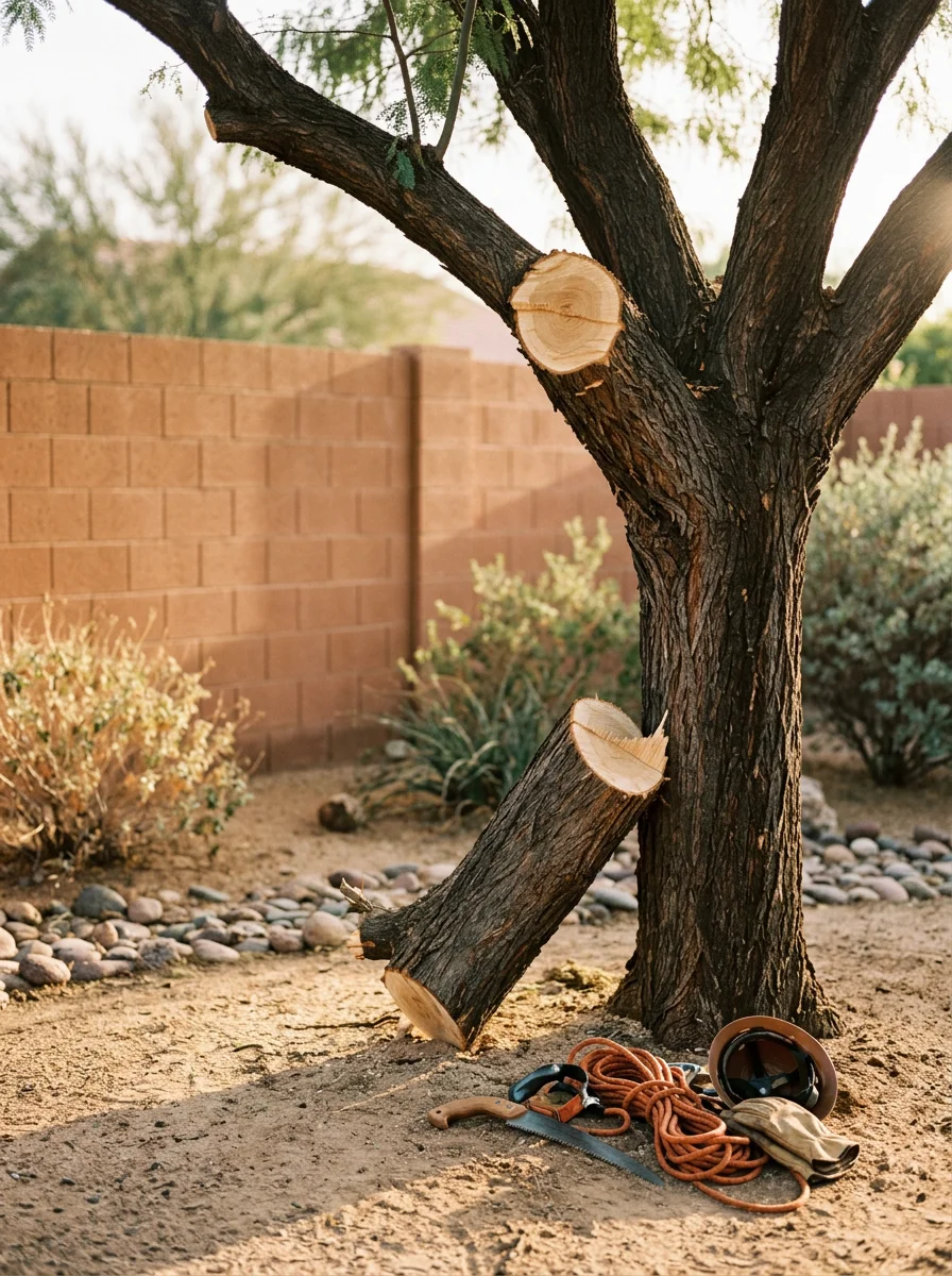 A tree worker removing a storm-damaged branch from a mature tree in a Mesa, AZ backyard, with a block wall and desert landscaping in the background.