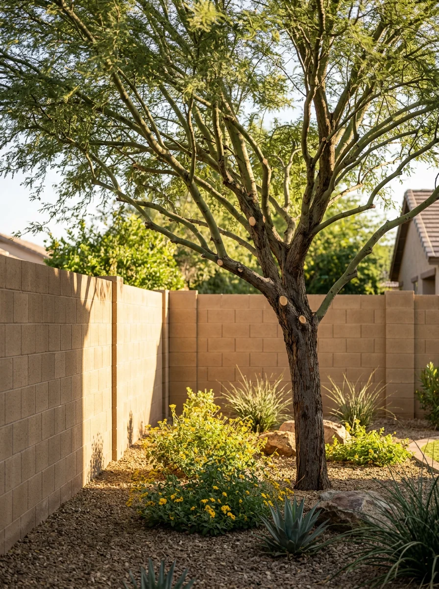 A tree worker performing canopy thinning on a large tree in a Gilbert, AZ residential backyard, with a block wall and desert landscaping in the background.