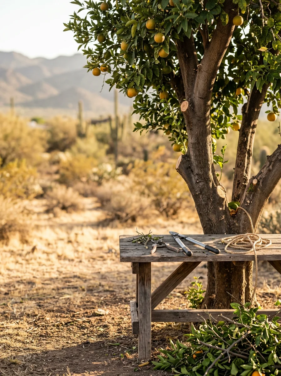 An arborist pruning a mature citrus tree on a Queen Creek, AZ acreage property, with desert mountain views and open land visible in the background.