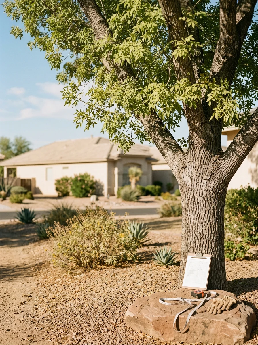 An arborist assessing a mature ash tree in a Sun City, AZ retirement community yard, with a single-story home and established desert landscaping in the background.