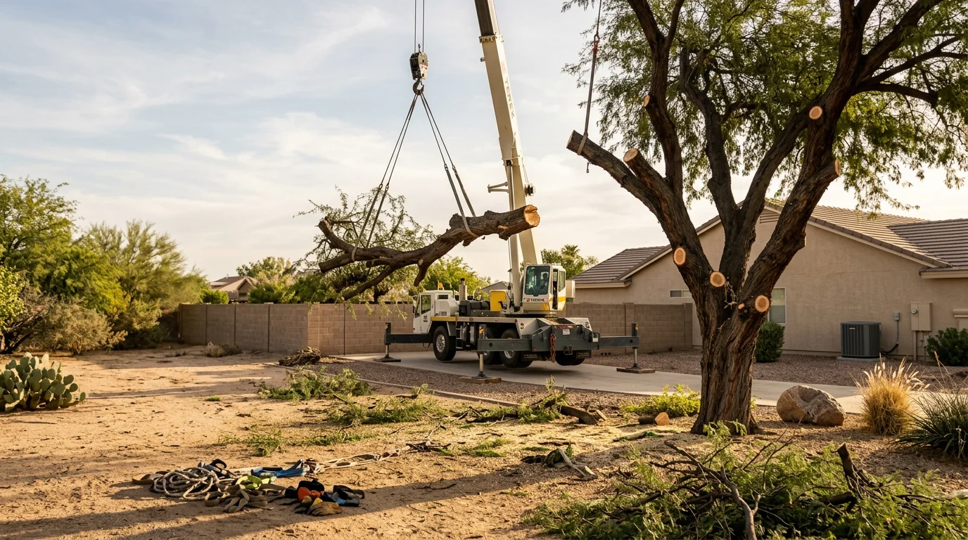 A crane lifting a large tree section away from a residential home in Buckeye, Arizona, with a certified arborist directing the rigging on the ground. The crane boom extends over the roofline, keeping the heavy wood clear of the structure during removal.