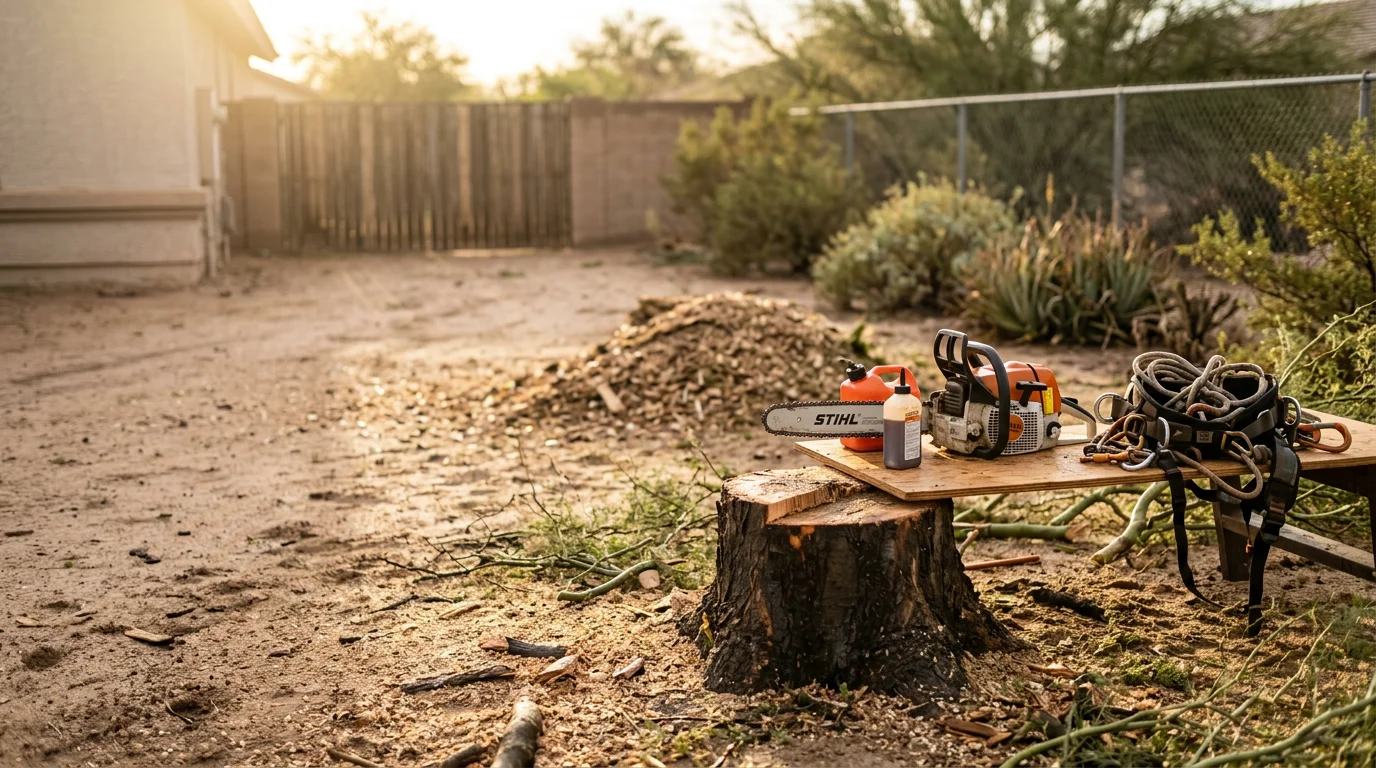 A large uprooted desert tree being removed from a Buckeye, Arizona residential property by a tree crew using rigging equipment. The tree's exposed root ball and damaged canopy are visible next to a single-family home.