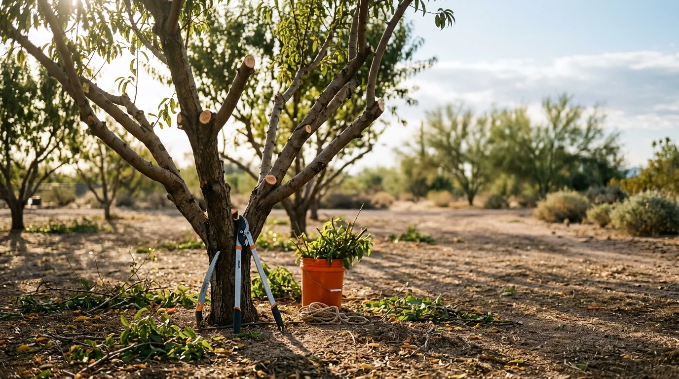 A certified Arborist pruning a fruit tree in a Buckeye residential backyard, with trimmed branches on the ground and an open canopy visible against a clear Arizona sky.