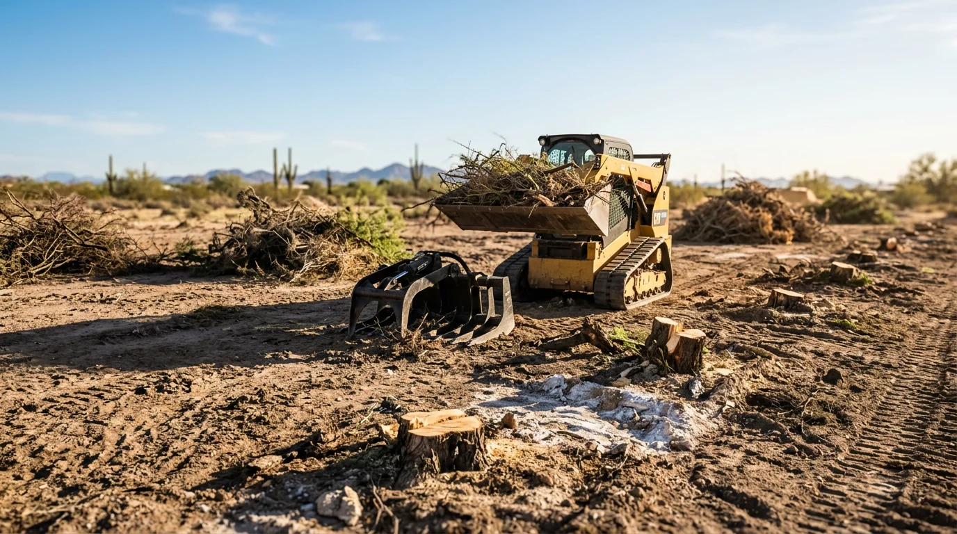 A cleared desert lot in Buckeye, Arizona with all brush, mesquite, and native vegetation removed down to bare ground. The surrounding West Valley landscape is visible in the background.
