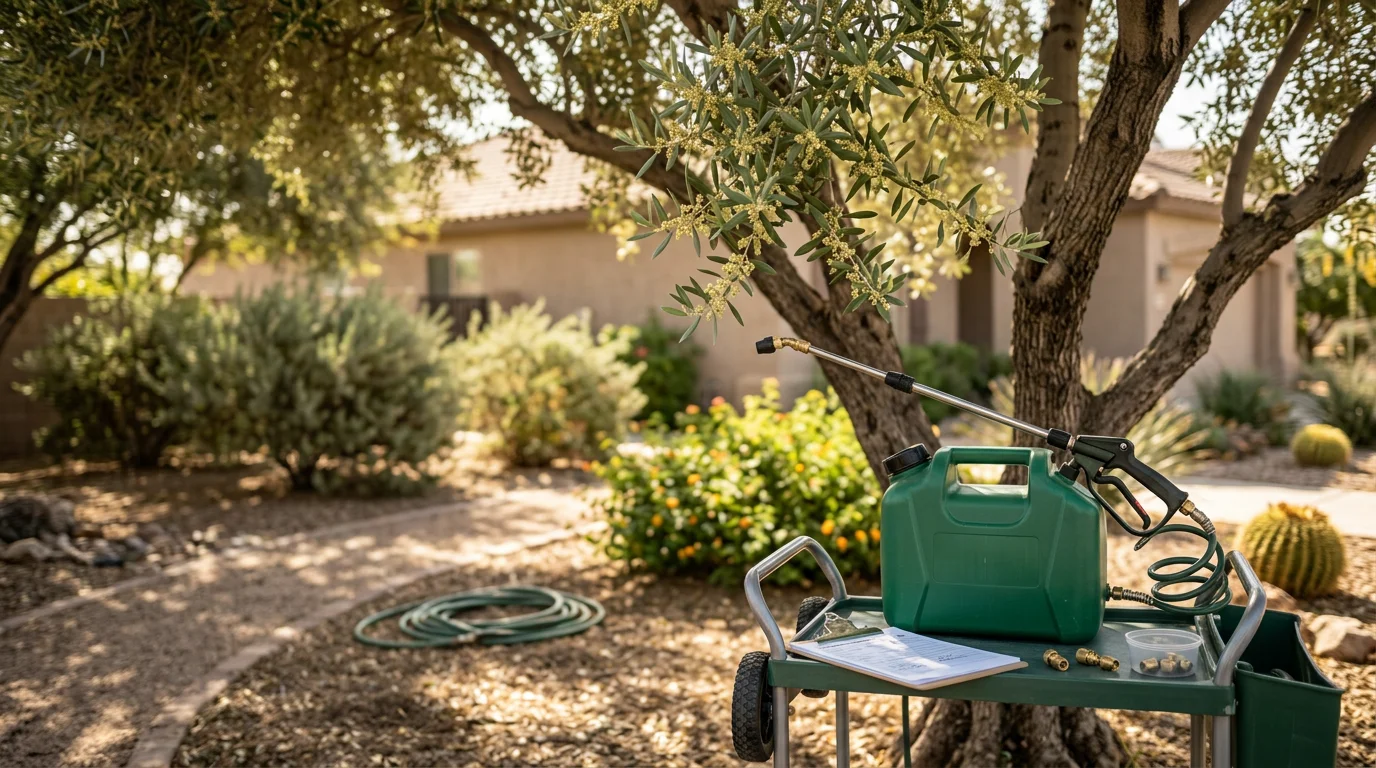 A certified arborist from Az Elite Arbor Care spraying a mature olive tree in a Buckeye residential yard. The tree shows full canopy coverage with the West Valley desert landscape visible in the background.