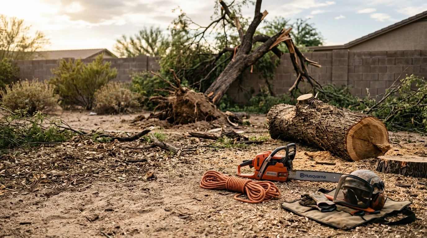 A storm-damaged tree with a split trunk and broken limbs resting near a residential fence line in Buckeye, Arizona. An arborist in safety gear assesses the damage on-site following a monsoon storm.