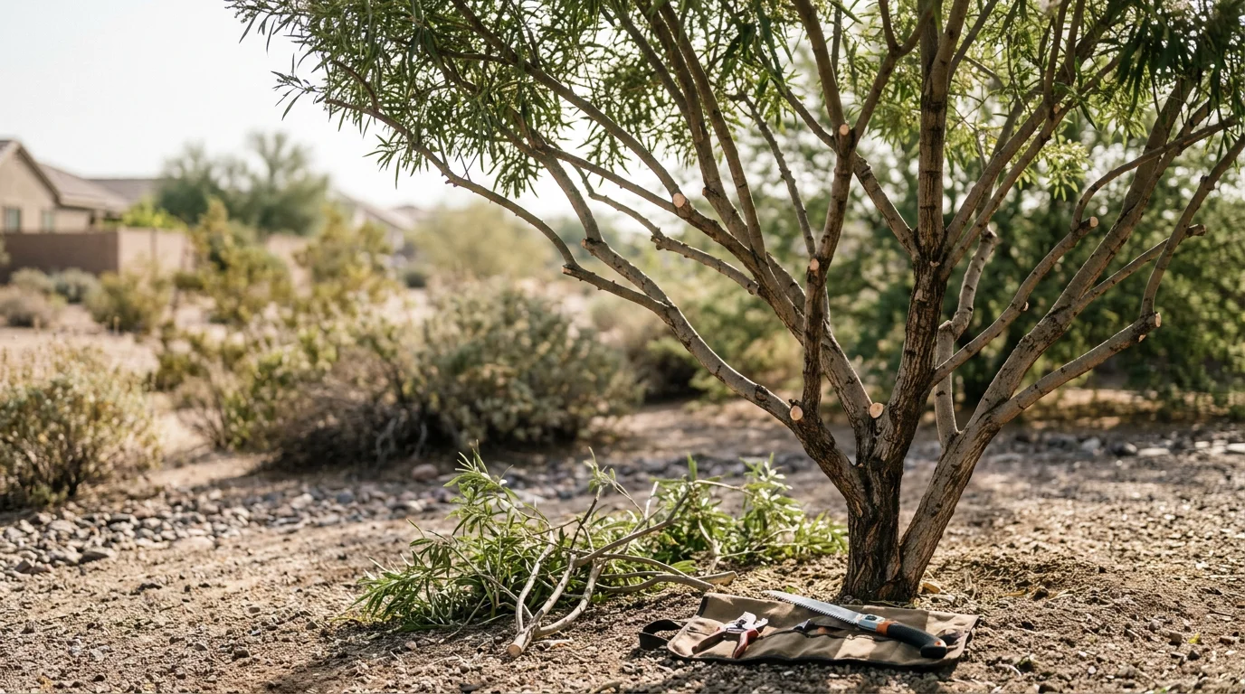 A certified arborist performing structural pruning on a young desert tree in a Buckeye, Arizona residential yard. The tree shows a clean, open branch structure with no crossing limbs, set against a clear Arizona sky.