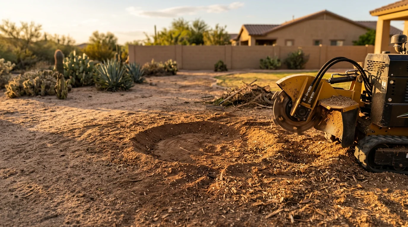 A freshly ground tree stump in a Buckeye, Arizona residential yard, with the area ground level and wood chips cleared away. The surrounding desert landscape and gravel yard are visible in the background.
