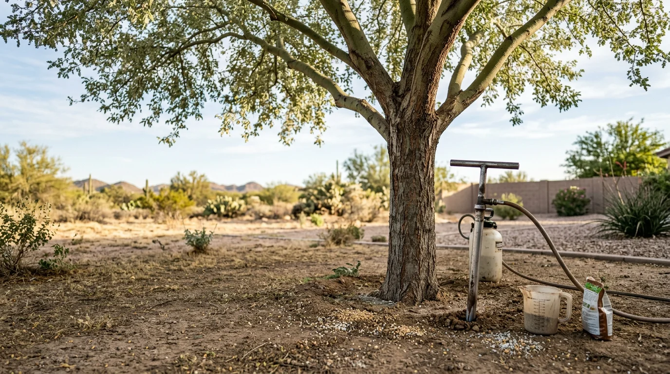 A certified arborist applying deep root fertilization to a non-native shade tree in a Buckeye residential yard. The surrounding desert landscape and dry soil conditions are visible in the background.