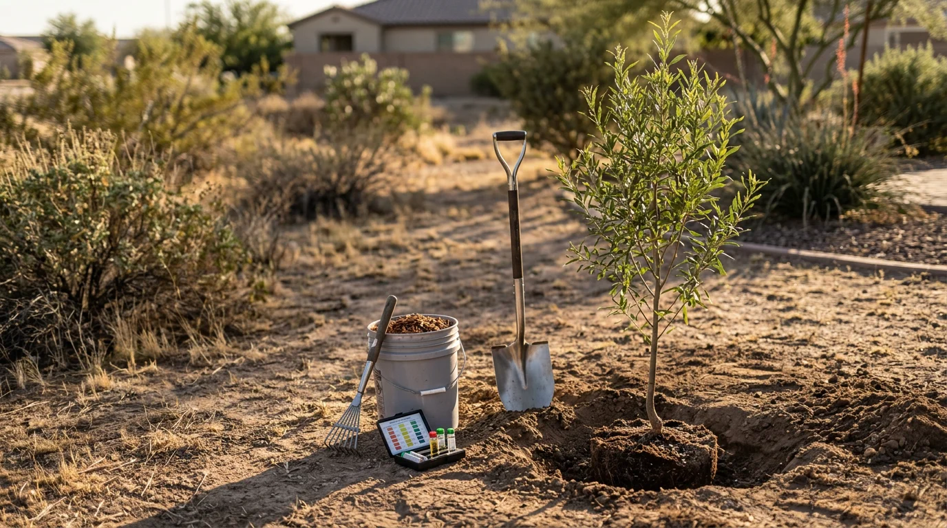 A newly planted desert-adapted shade tree in a Buckeye, Arizona residential yard, with loose backfill around the root zone and a clear root flare visible above grade. The surrounding landscape shows dry, alkaline West Valley soil typical of Maricopa County properties.