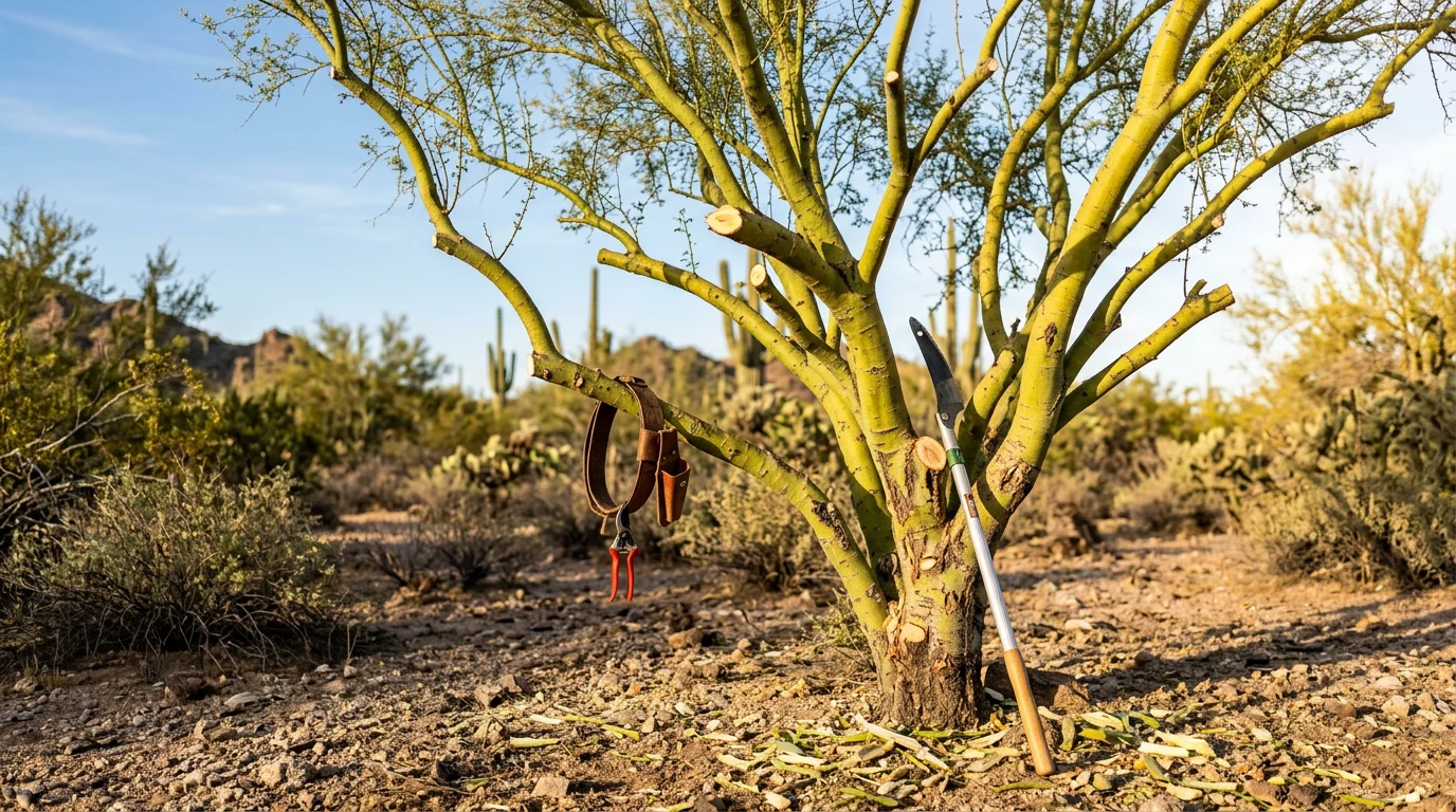 A certified arborist pruning the canopy of a mature mesquite tree in a Buckeye, Arizona residential yard. Trimmed branches and clean cuts show careful shaping work suited to the desert landscape.