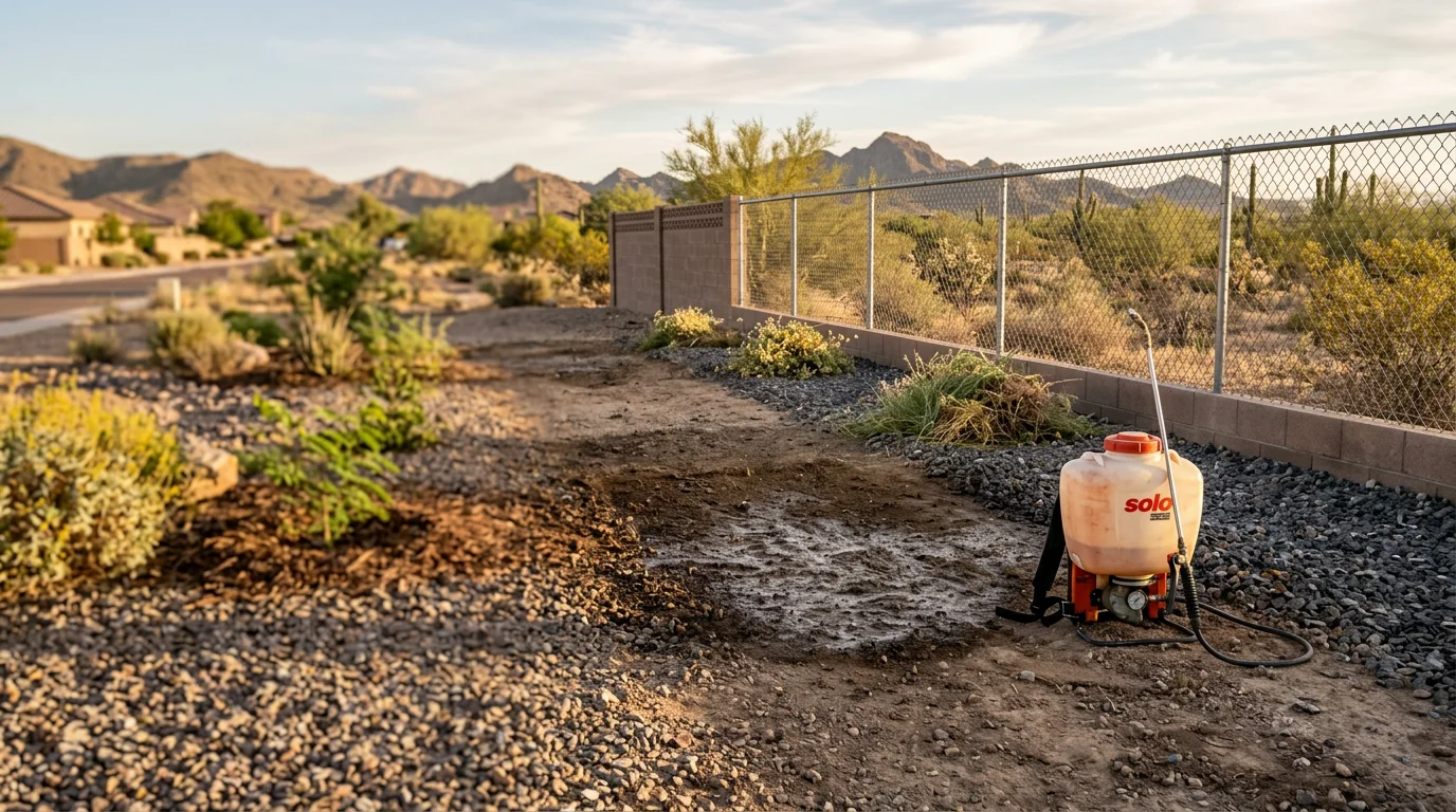 A cleared and clean desert rock yard in Buckeye, Arizona after professional weed abatement service. Gravel borders and landscape beds are free of weed growth along a residential property in the West Valley.